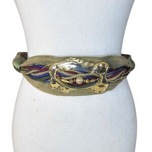 Vintage 1980s Gold Tone Statement Belt With Funky Woven Design Hook Loop Closure